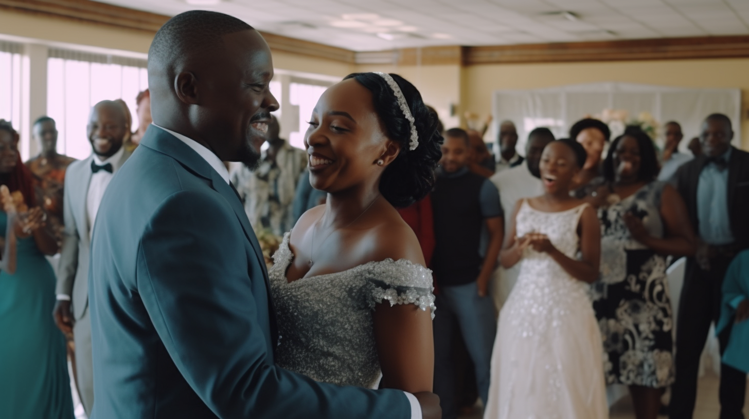 African couple celebrates wedding at family home.