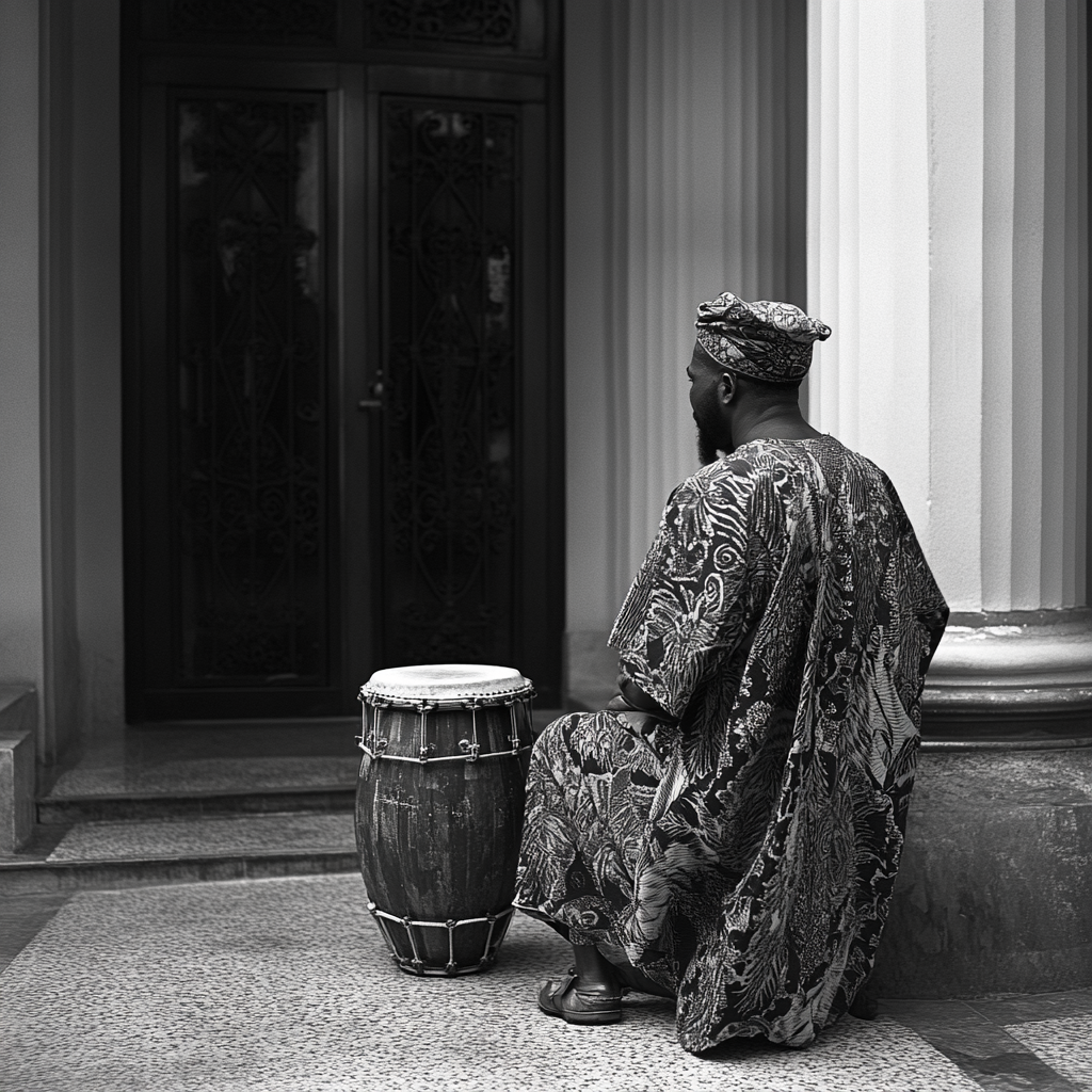 African drummer in regal agbada outside beautiful Lagos house.