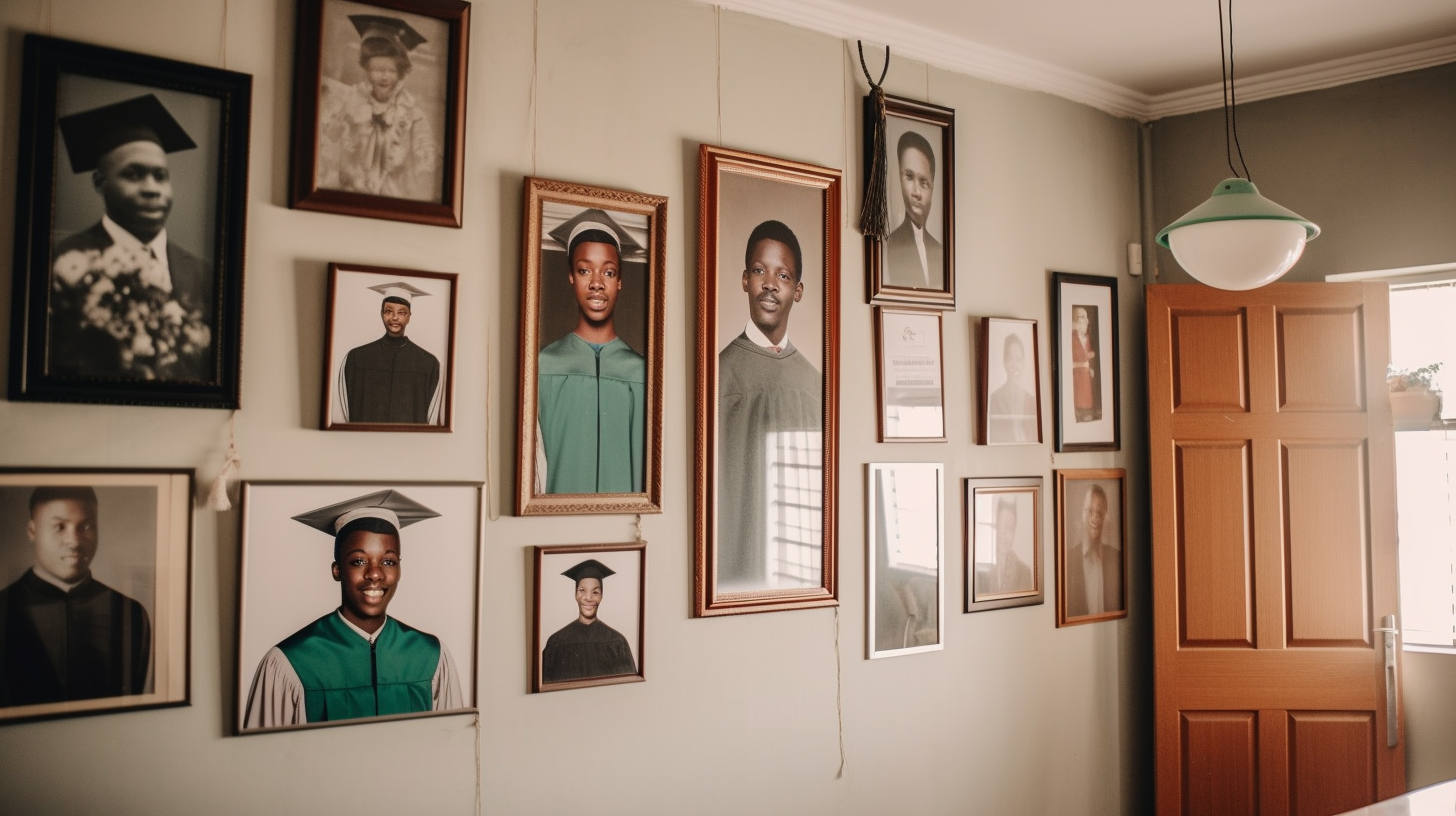 African family home displays graduation photos: Township pride.