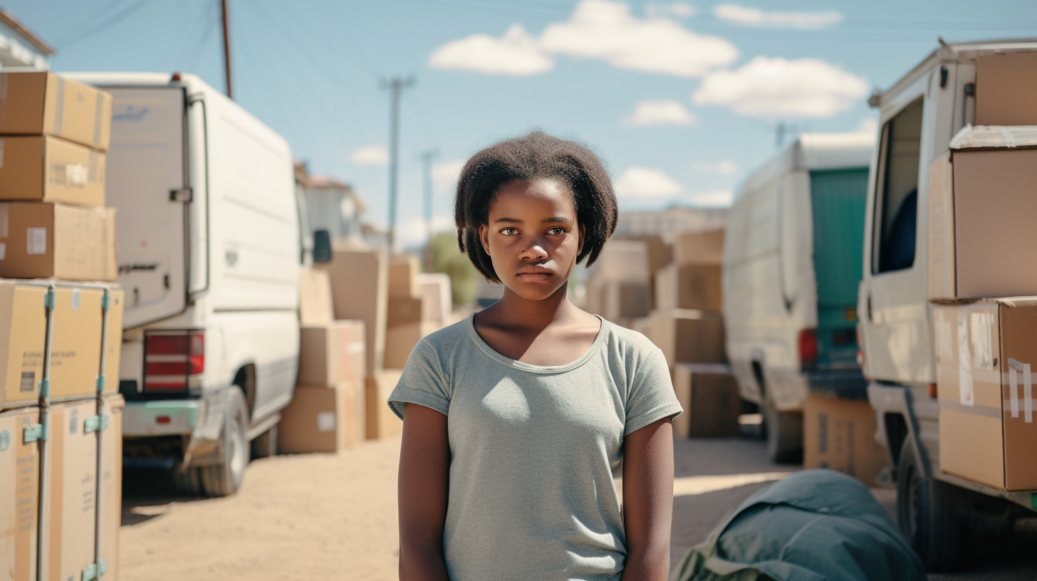 African girl in front of moving van in South Africa