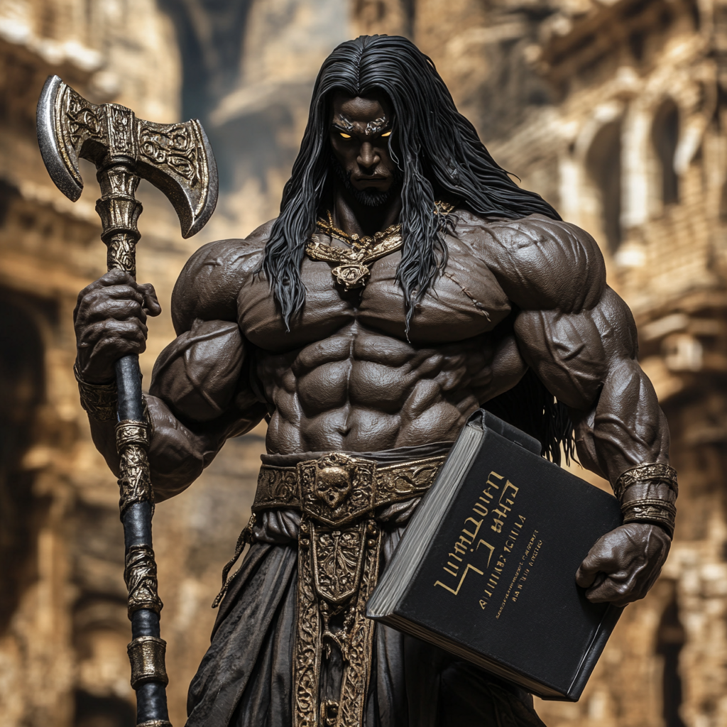 African god with muscles and Death Note book.