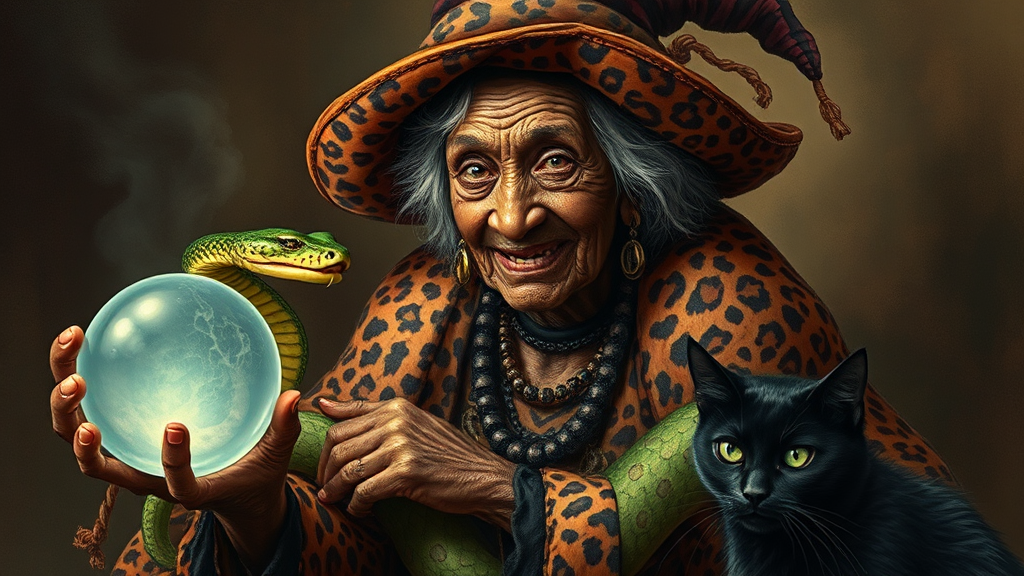 African granny witch with leopard skin, crystal ball, snake.