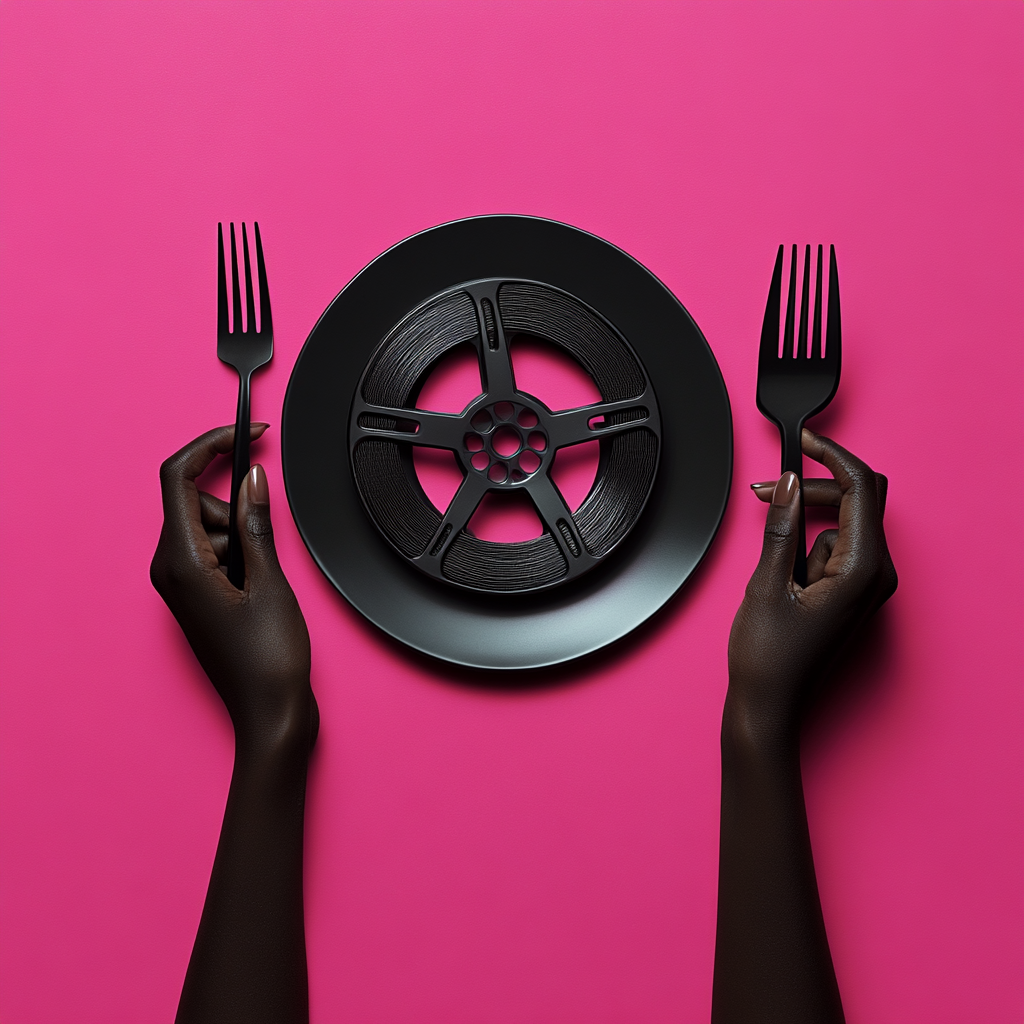 African hands with cutlery on film reel plate