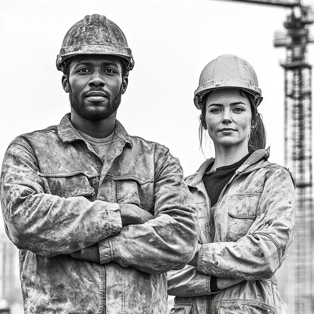 African man, European woman, workers in builder's clothes.