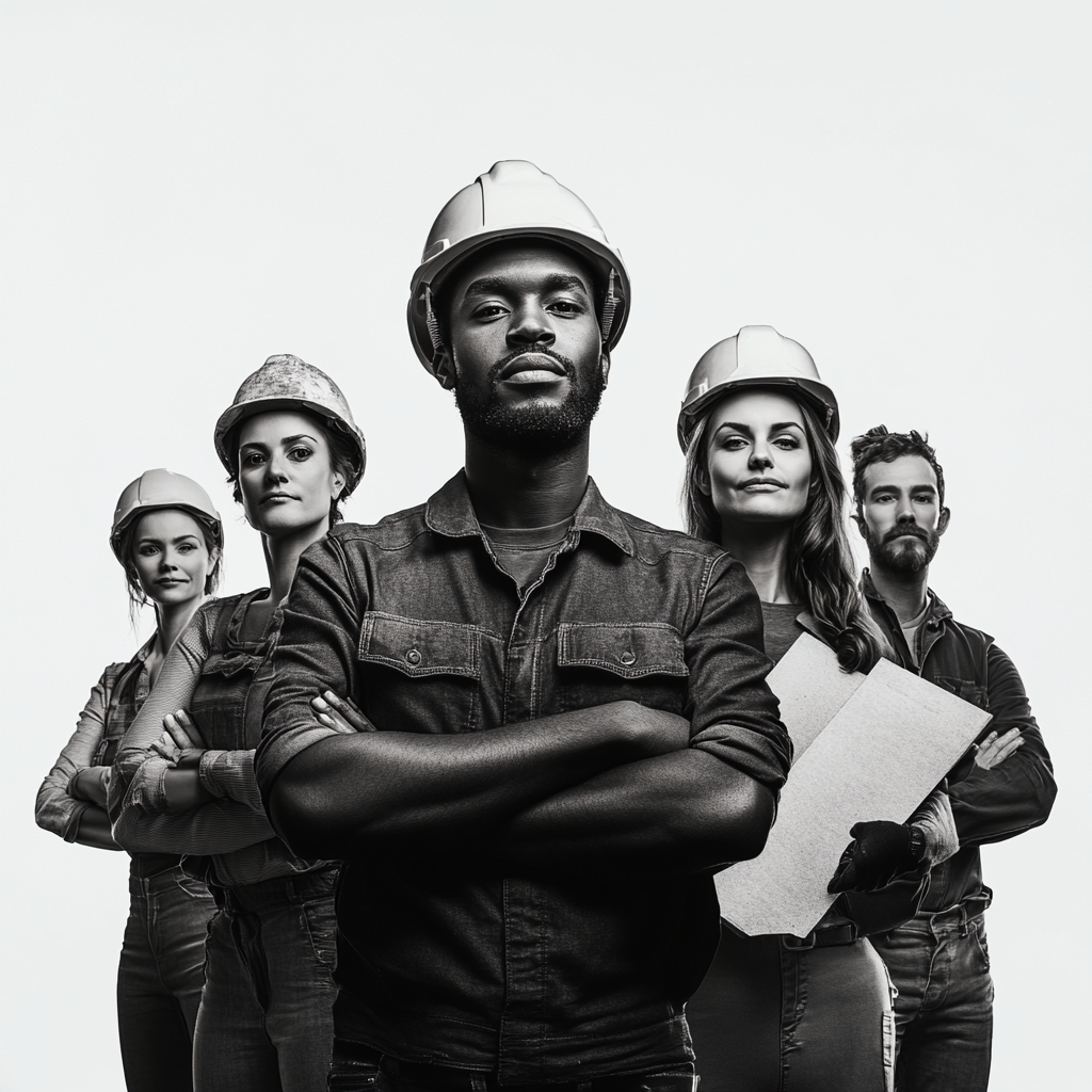 African man, European woman, workers in builder attire.