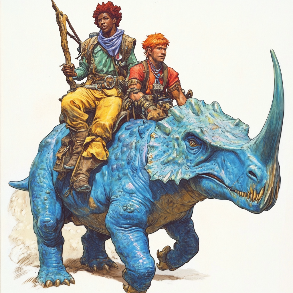 African man and Irish man riding blue dinosaur adventure.