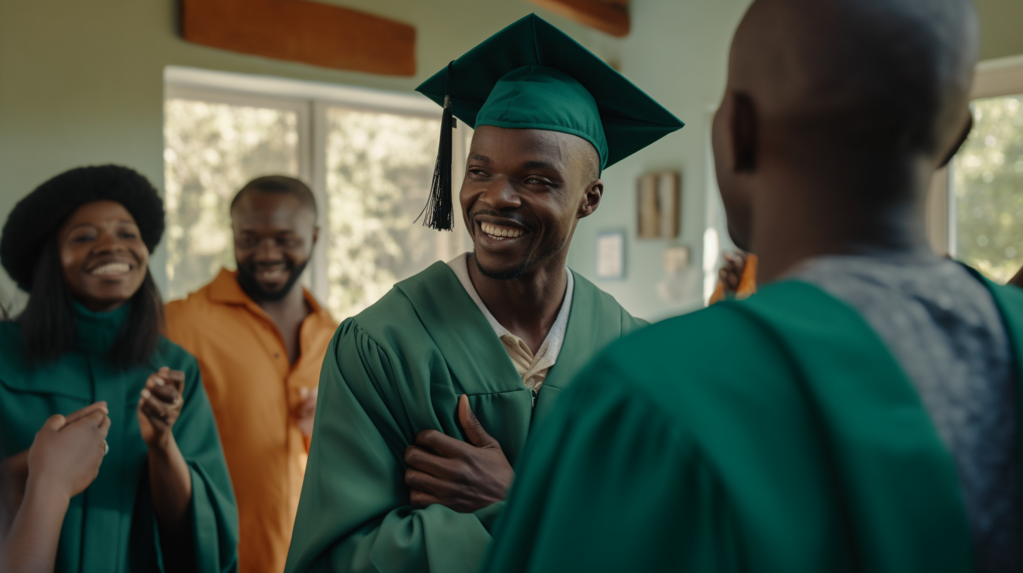 African man in green robe graduation party celebration