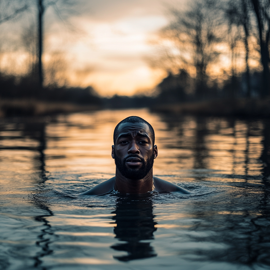 African man submerged in lake taking selfie.