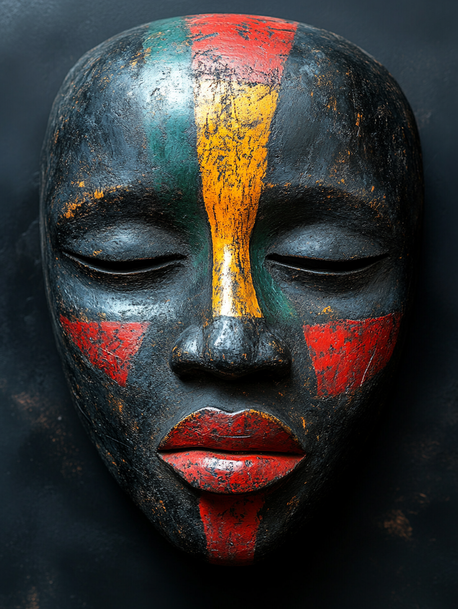 African mask with red, yellow, and green paint.