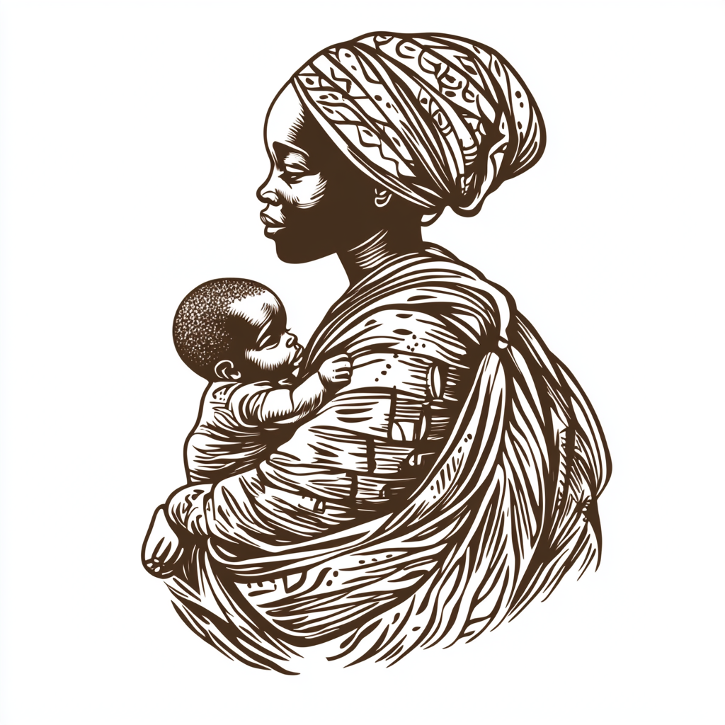 African mother carrying baby in village, simple white drawing.