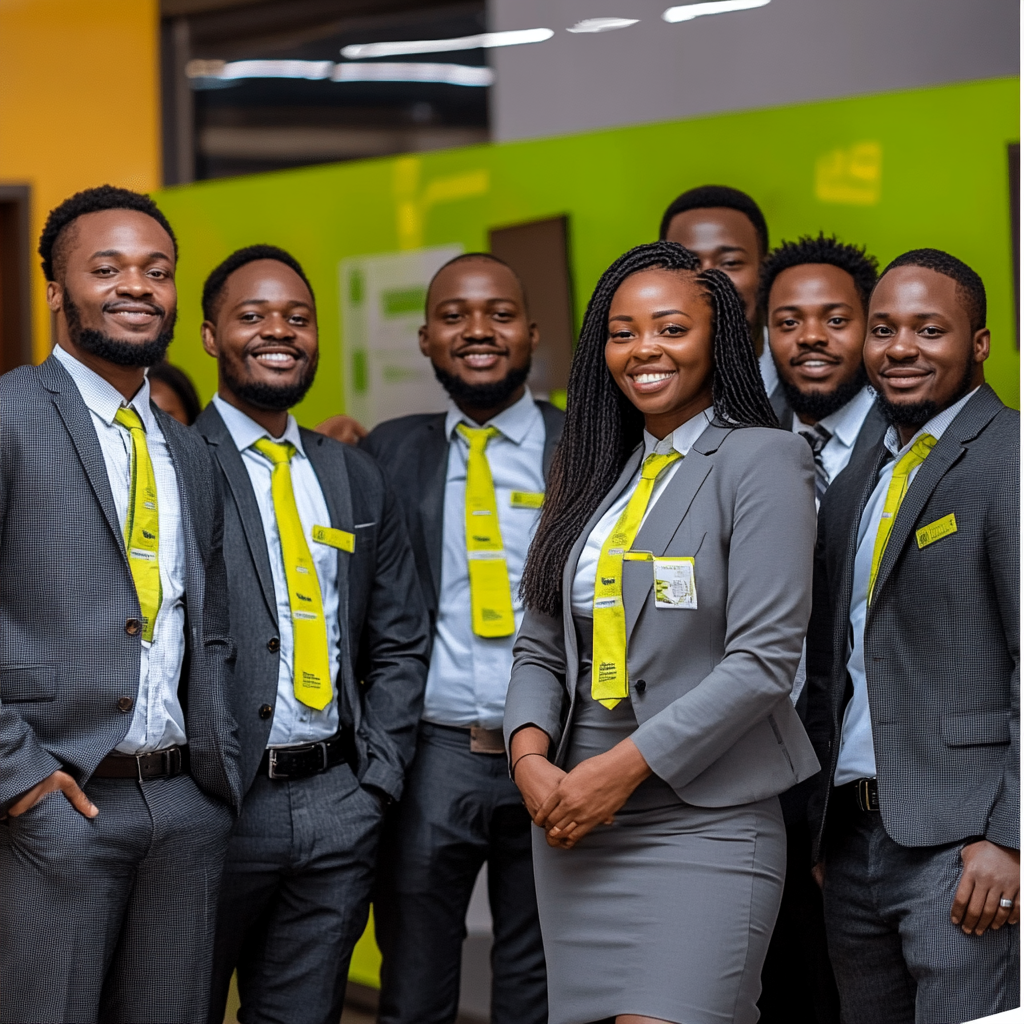 African professionals in grey, green, and yellow smiling.