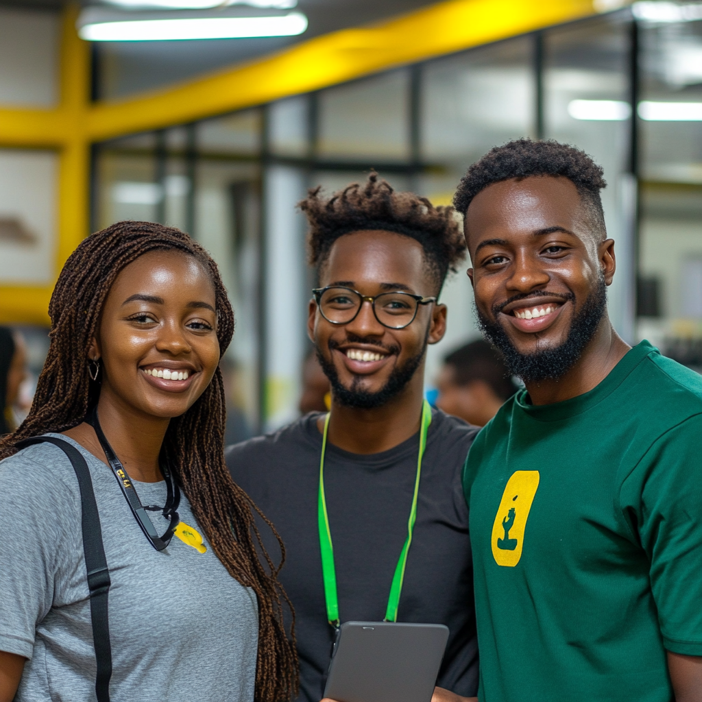 African professionals wear grey, green, yellow, smile, pitch.