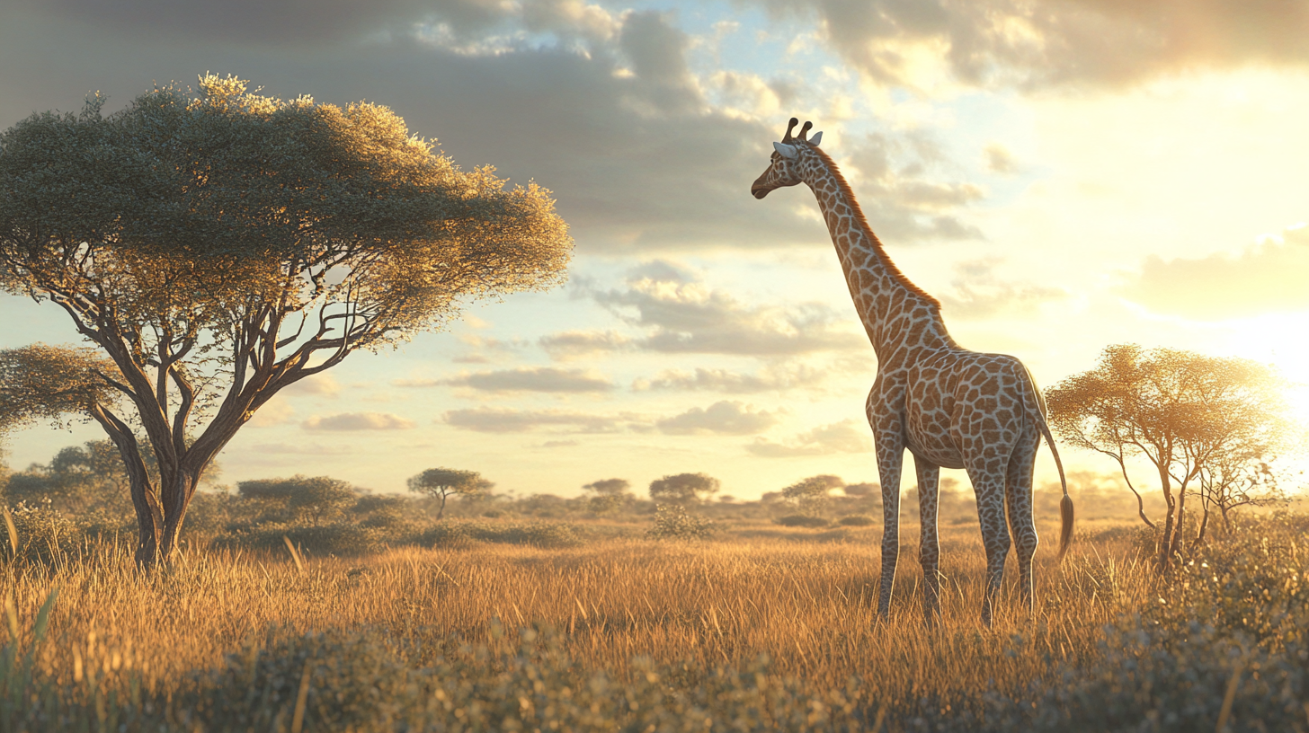 African savannah with Zuma the elegant giraffe standing majestically.