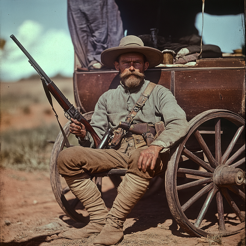 African soldier with gun by old carriage, 1900s.