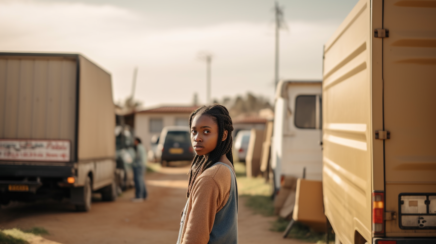 African student girl in front of moving van