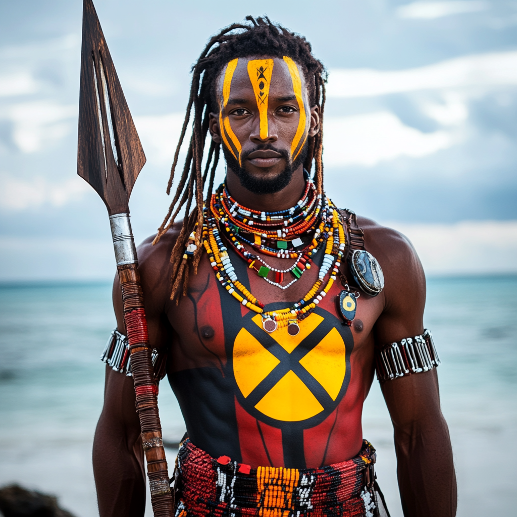 African superhero with Maasai tribe attire and spear