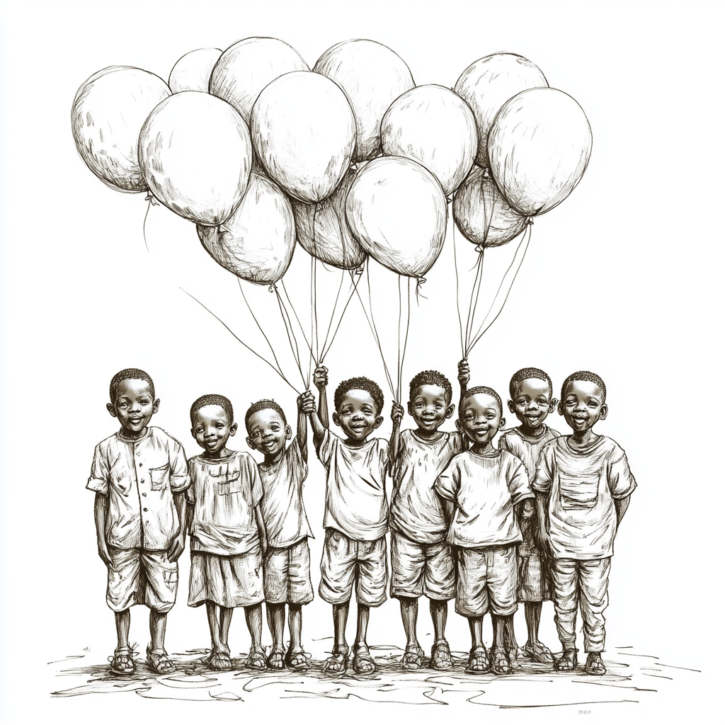 African village children holding balloons on white background -s 250