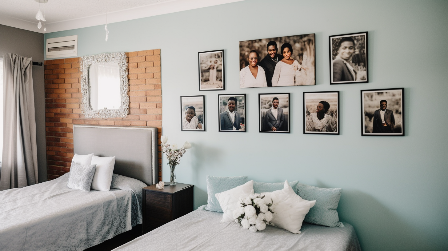 African wedding photos on bedroom wall in South Africa.