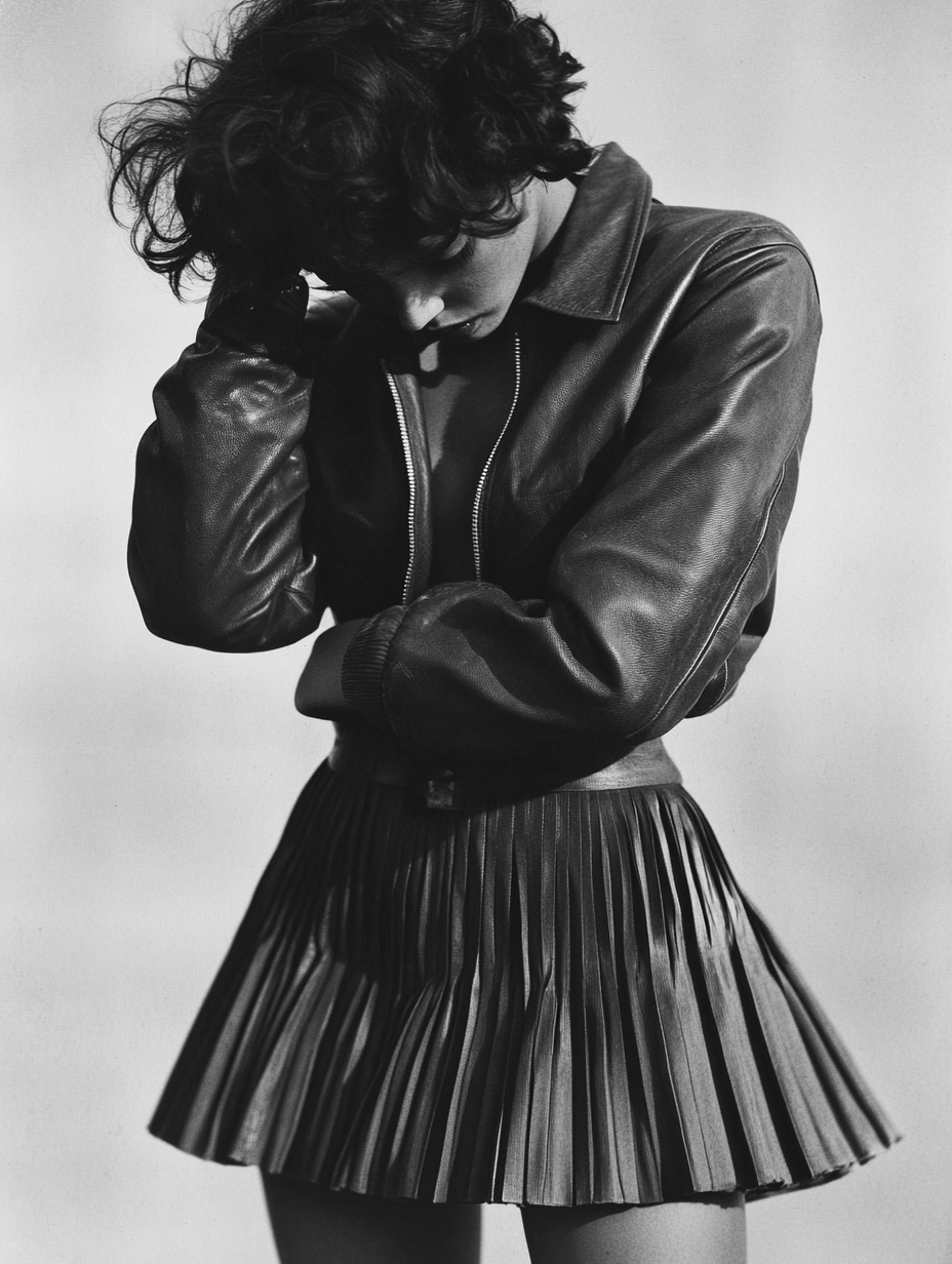 African woman in bomber jacket, skirt pushes hair back.