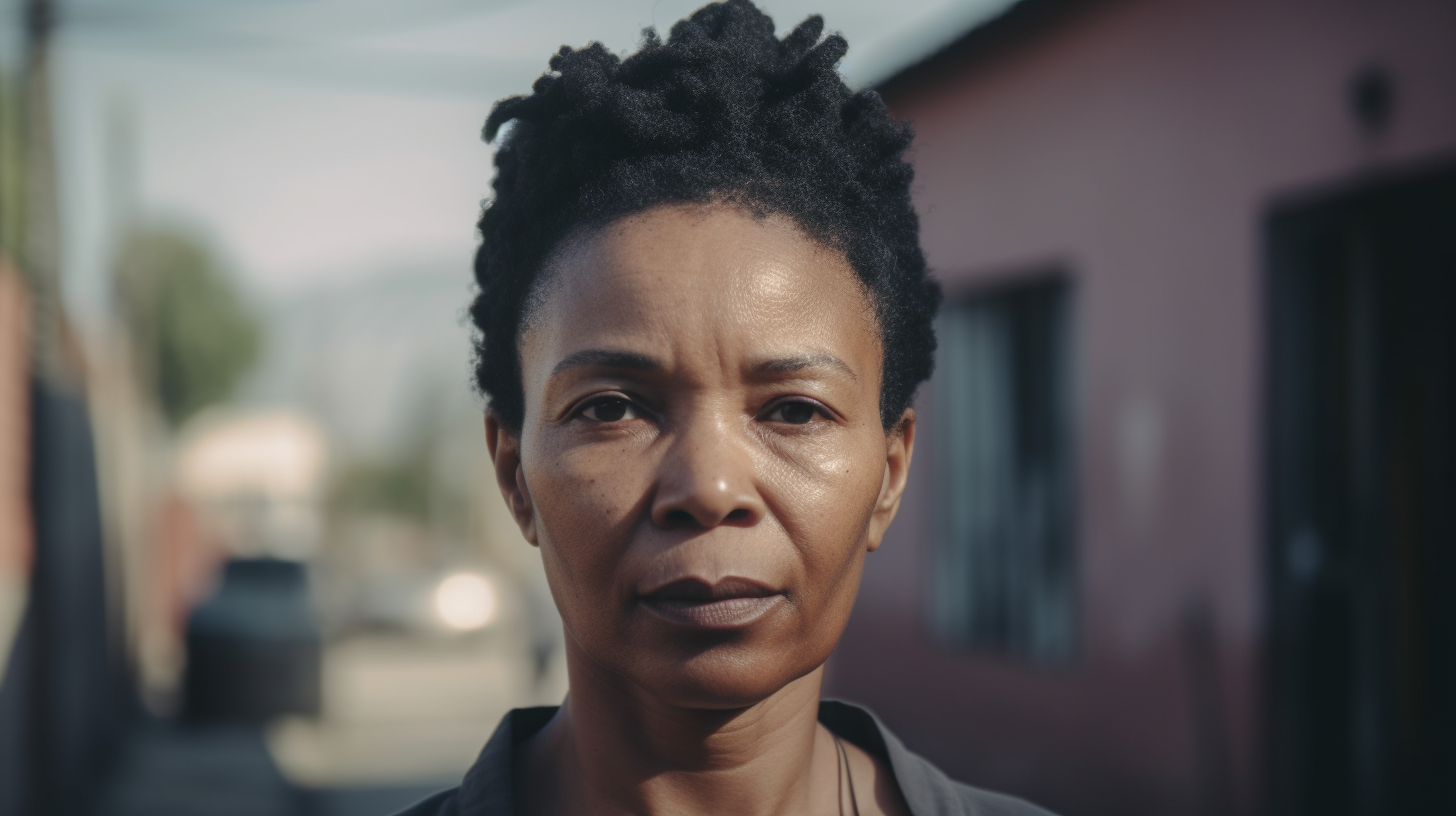 African woman in office township, South Africa. Hyperrealistic.