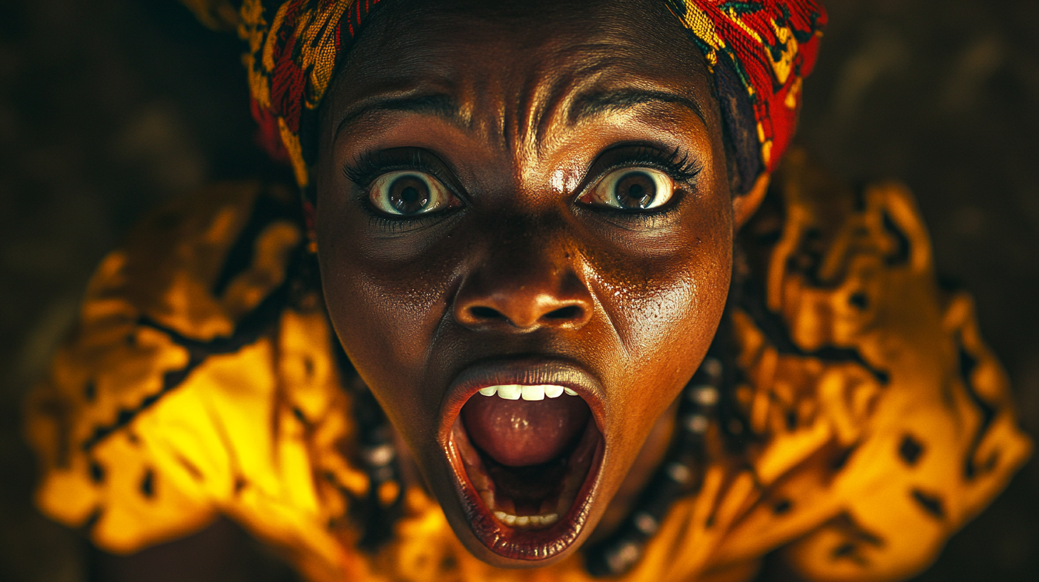 African woman in shock, essence of mythology depicted