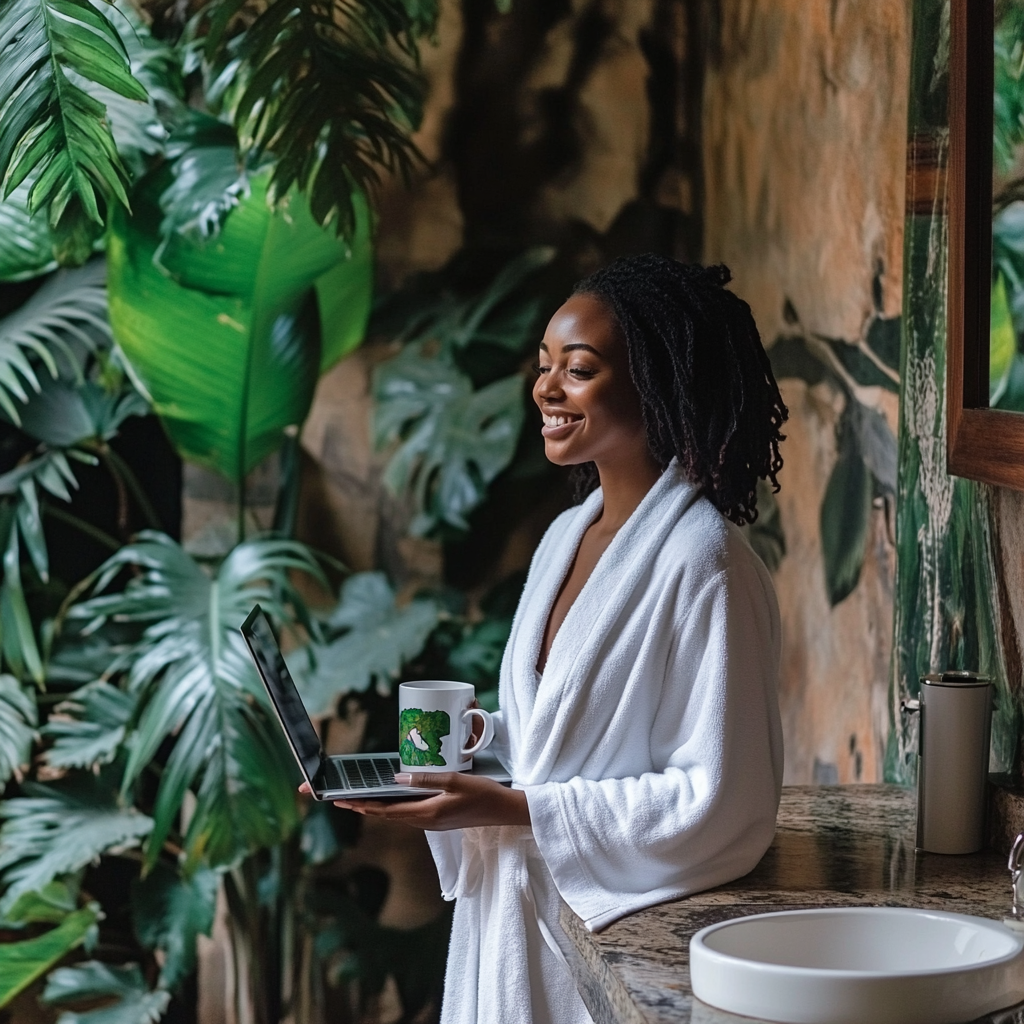 African woman in white robe smiling in plant bathroom.