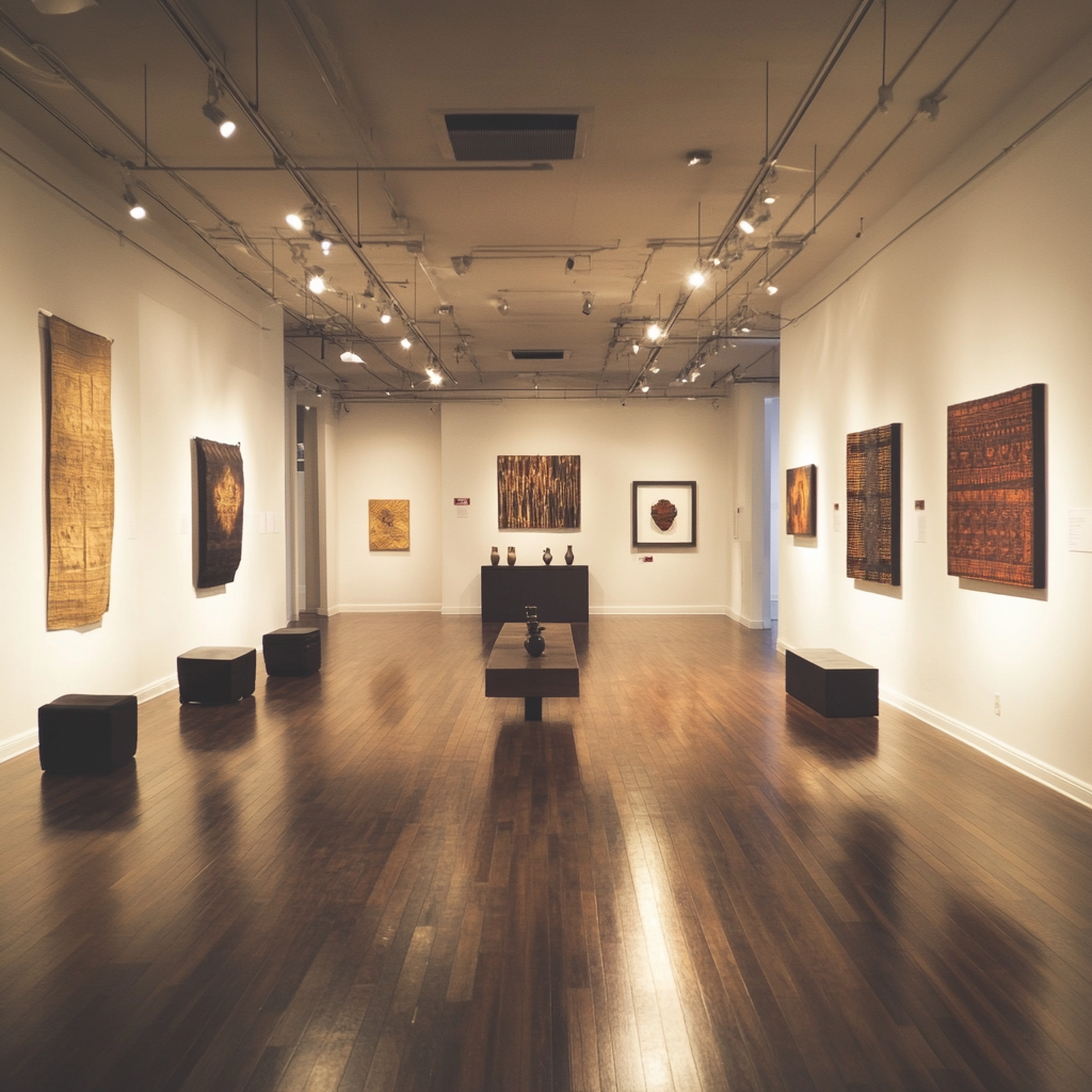 Afro-Asian art and fashion exhibit in minimalist gallery