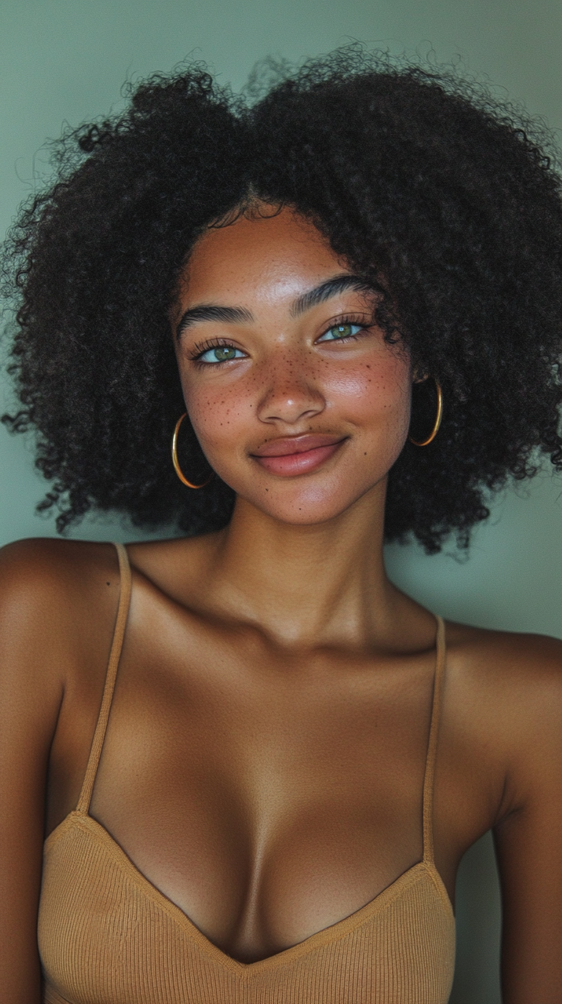 Afro beauty with warm skin and hazel eyes.