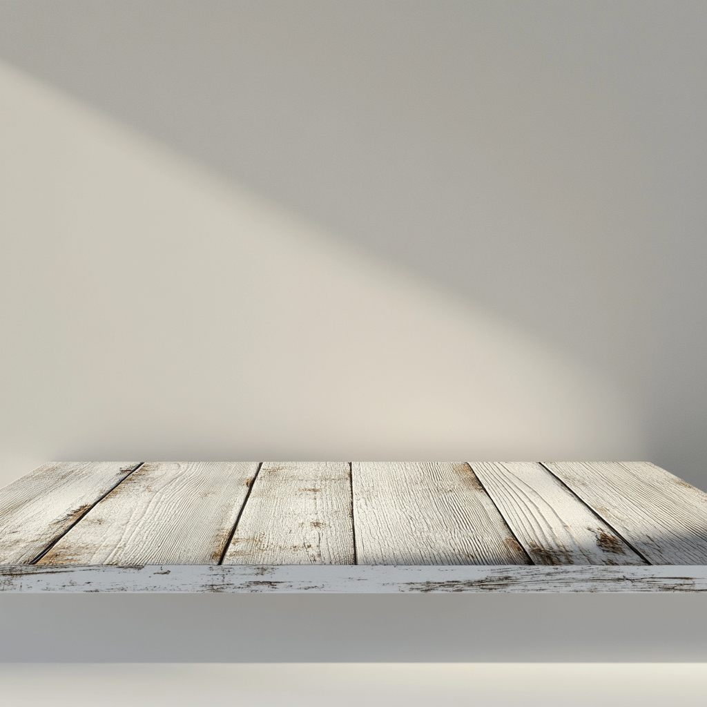 Aged white wooden table with spotlight, minimalist style