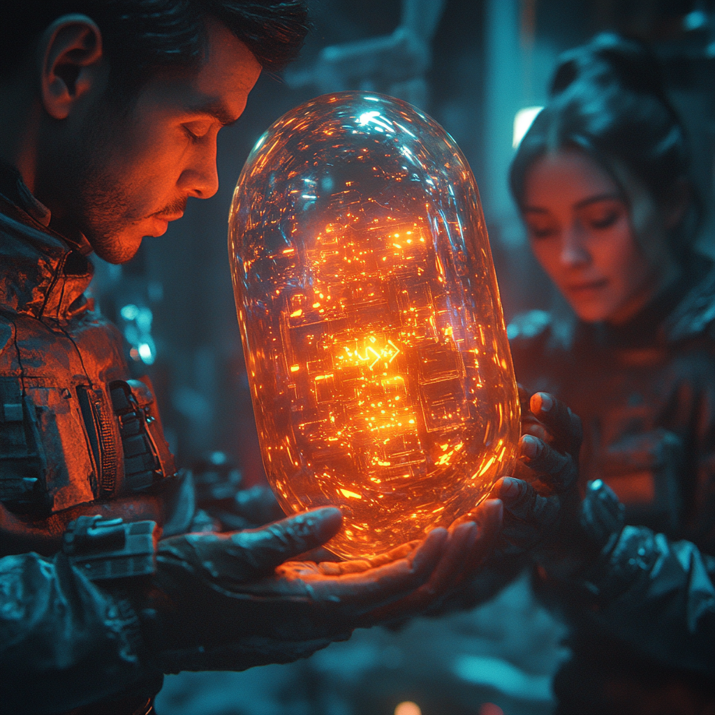 Agents holding glowing magical pill in futuristic setting