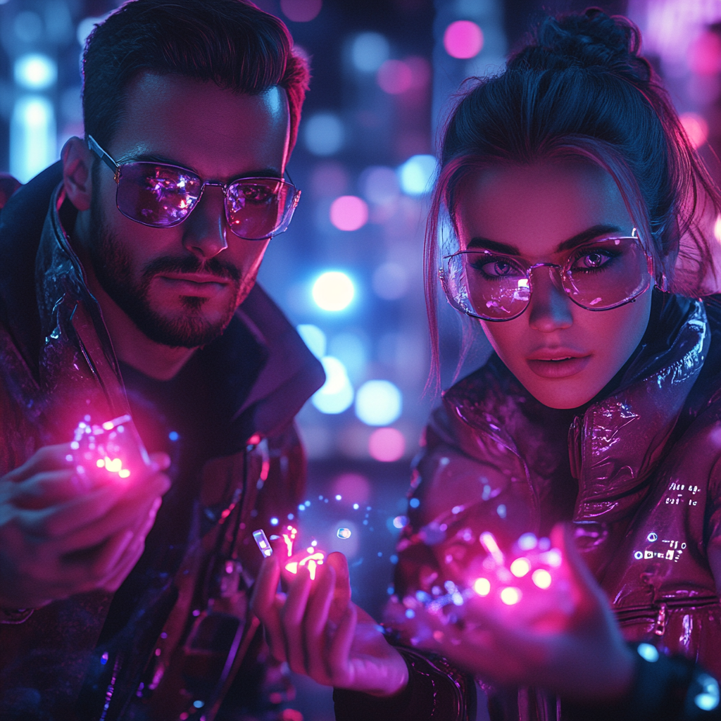 Agents with magical pills in neon sci-fi setting