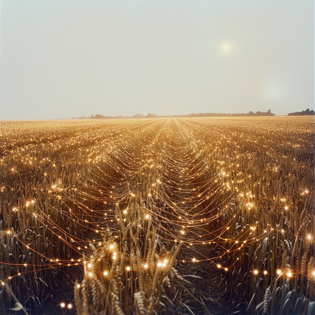 Agricultural field with glowing digital lines connecting wheat stalks.