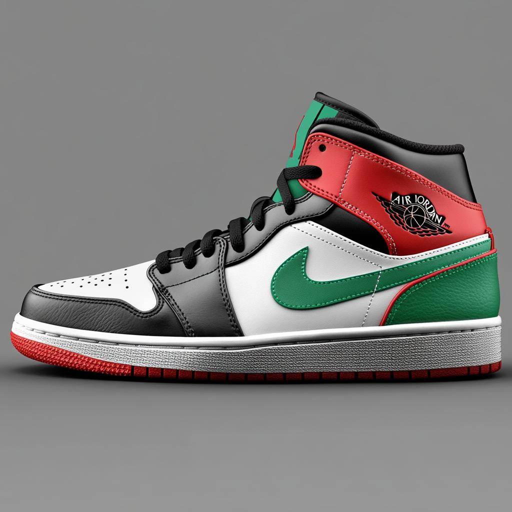 Air Jordan sneakers with red, green, and black flag design.