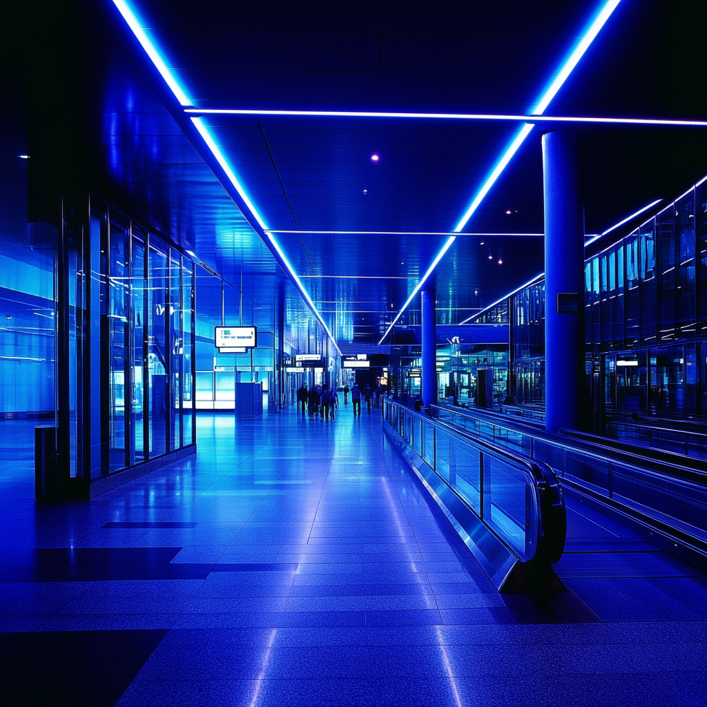 Airport Hamburg, drones patrol security zones, AR billboards hover. Neon lights reflect on shiny metal architecture, security monitors crowds.