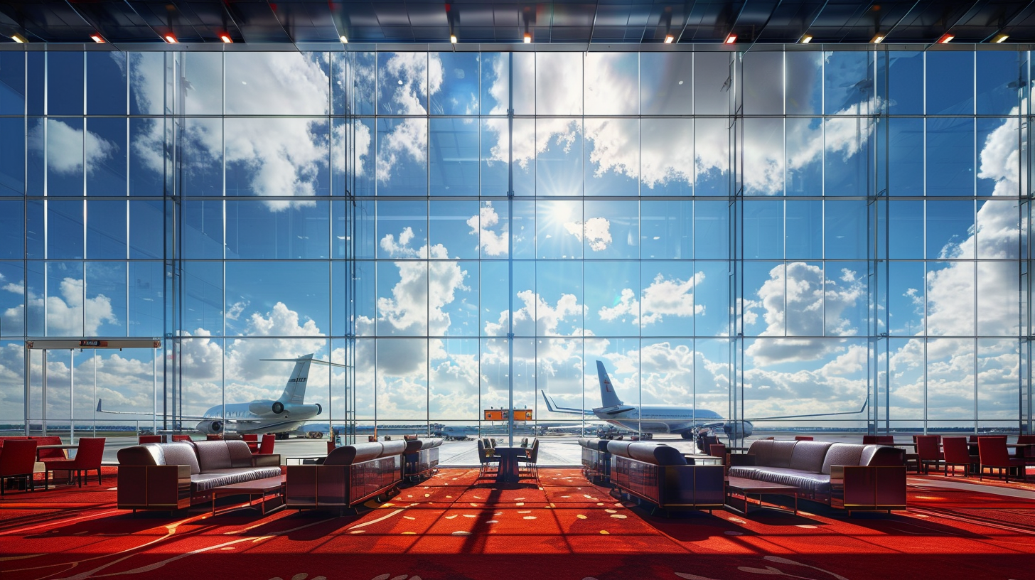 Airport Lounge View with Glass Windows and Airplanes