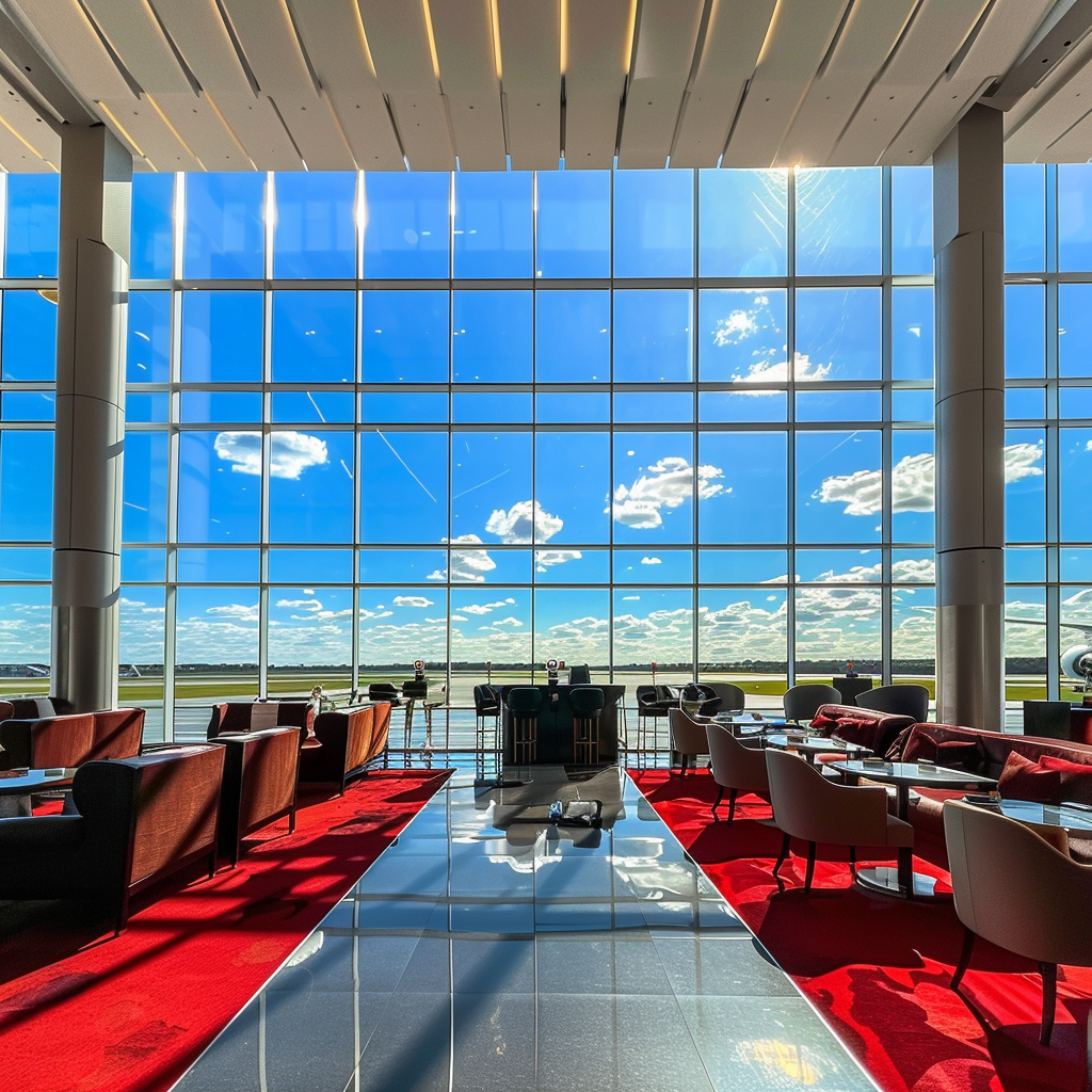 Airport Lounge with Large Windows and Red Carpet