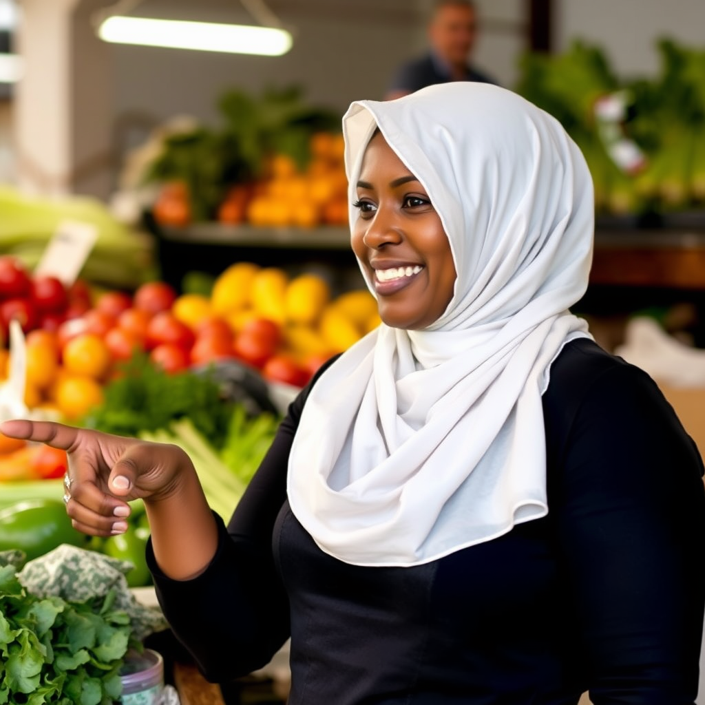 Aisha Bello, Smiling and Pointing at Fresh Produce