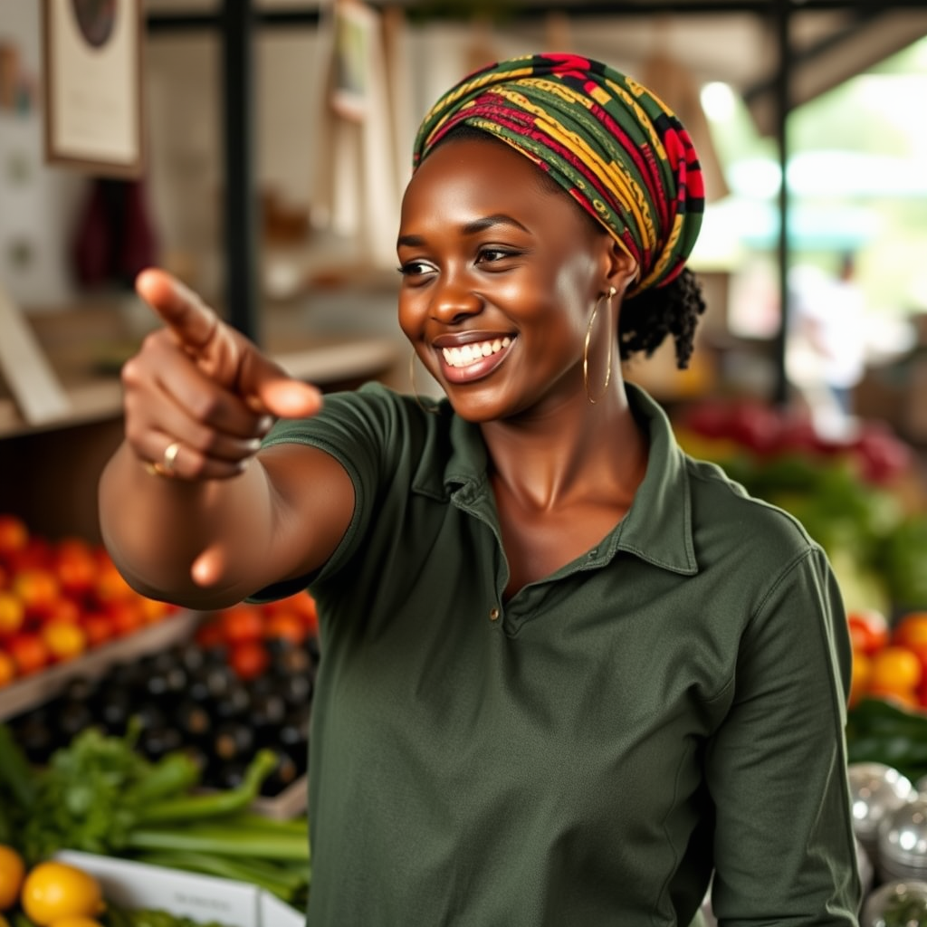 Aisha Bello, Smiling and Pointing at Produce