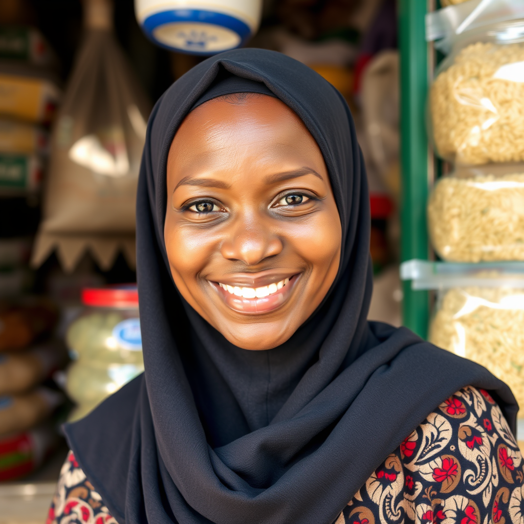 Aisha Bello Smiling Proudly at Her Shop