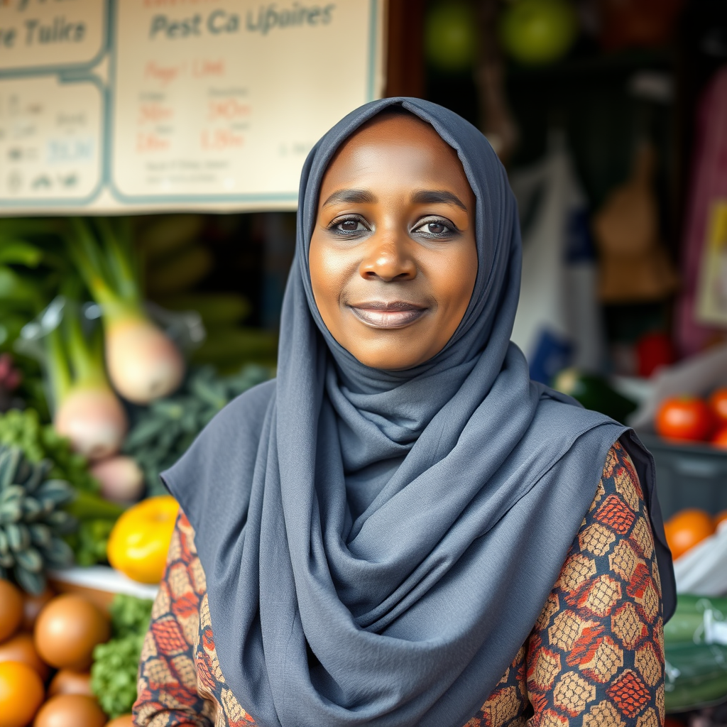 Aisha Proudly Poses by Her Fresh Produce Shop