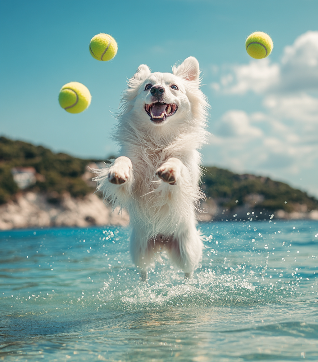 Alabai Dog Catching Tennis Balls on Island