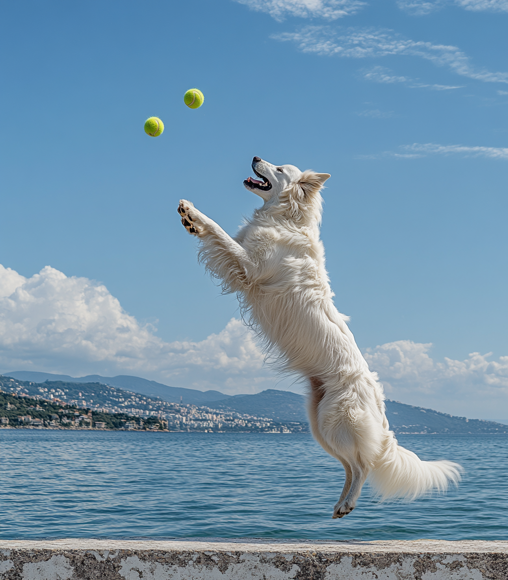 Alabai dog jumps to catch tennis balls