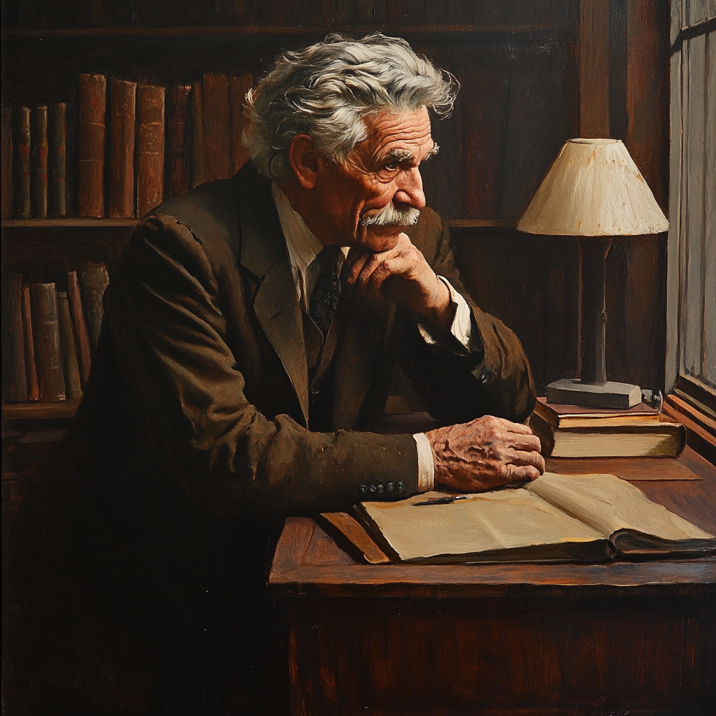 Albert Schweitzer in 20th-century academic attire in study.