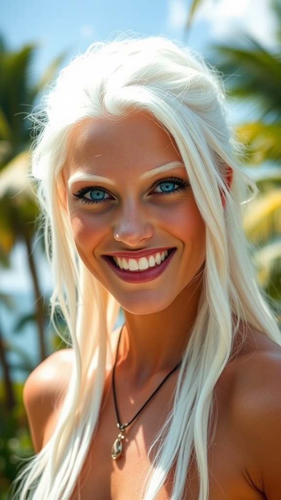 Albino Model with Blue Eyes in Tropical Paradise