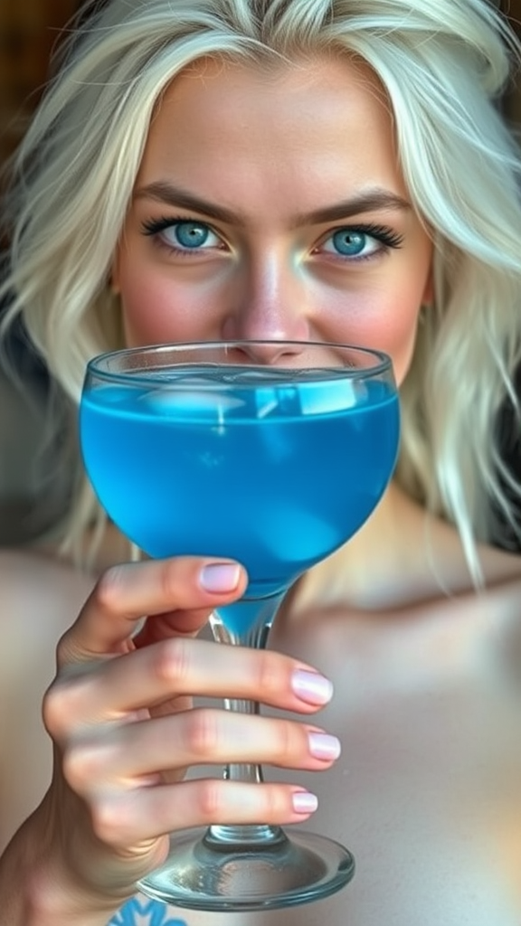 Albino model with blue eyes and cocktail