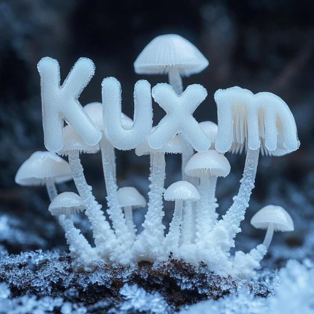 Albino mushrooms spell kuuxum in icy scene.