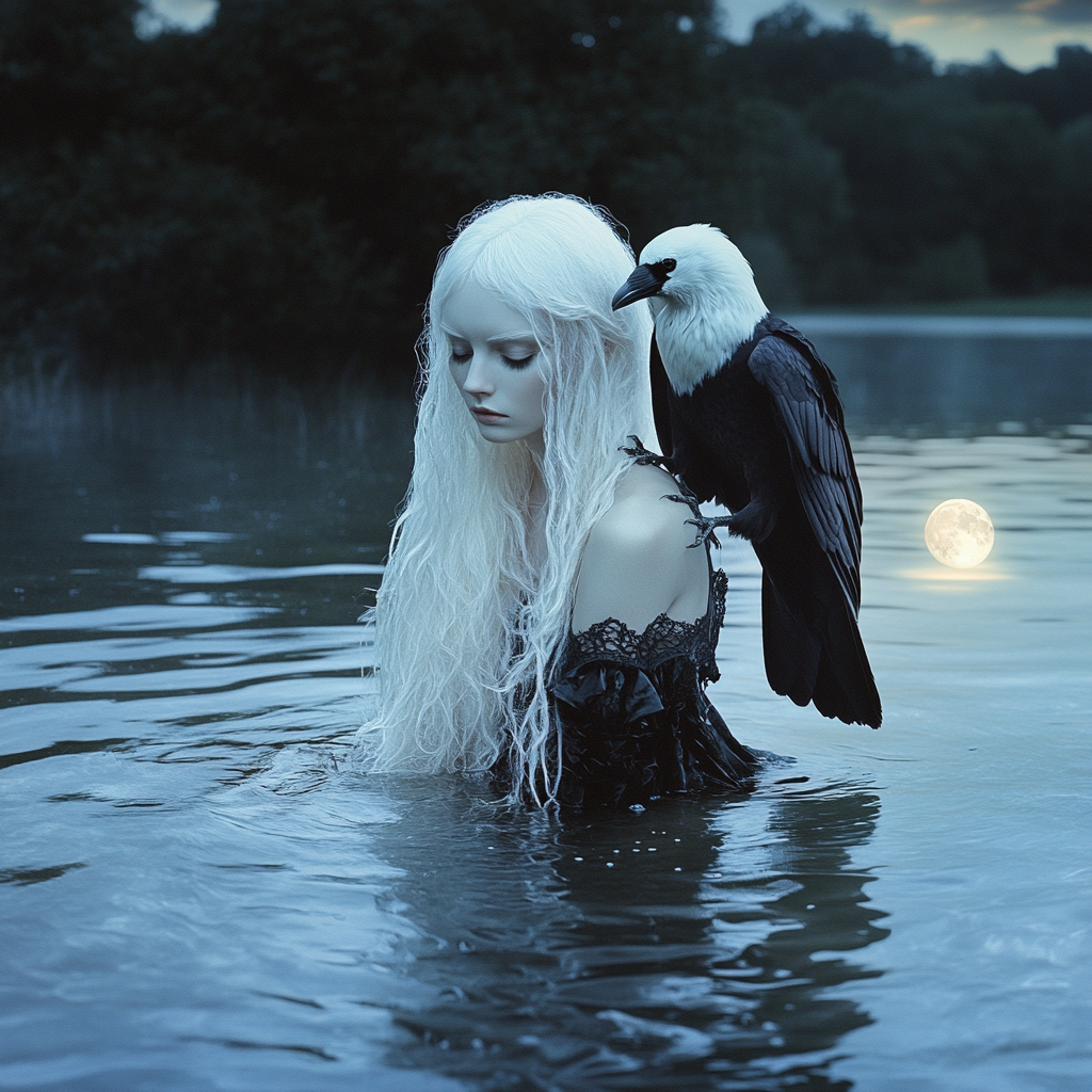 Albinowoman with long white hair in moonlit lake.