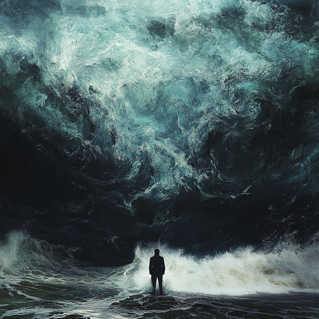 Album Cover Design: Figure Overwhelmed by Crashing Waves