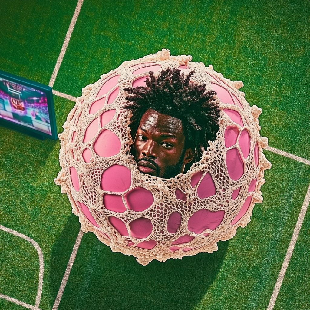 Album cover on green soccer field with pink ball, man with curly hair and FIFA game screen.