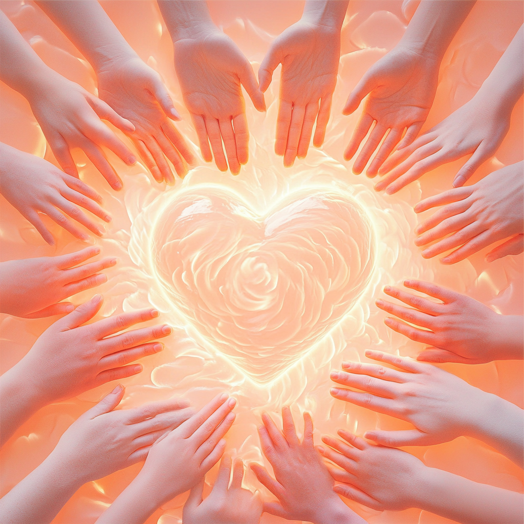 Album cover with heart of light, caring hands.